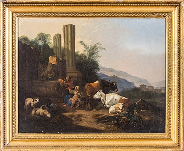 Paysage De Ruines Avec Une Gardienne De Troupeau Oil Painting by Johann Heinrich Roos