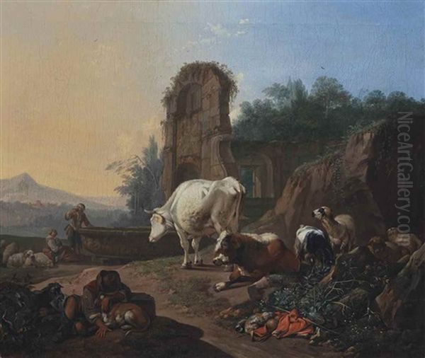 A Pastoral Landscape With A Sleeping Herdsman, Cattle, Goats And Sheep, A Fountain And Architectural Ruins Beyond Oil Painting by Johann Heinrich Roos