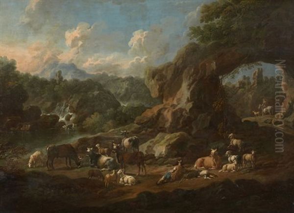 Berger Et Son Troupeau Dans Un Paysage D'italie Oil Painting by Johann Heinrich Roos