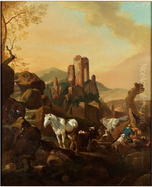 Schimmel Und Kuhe In Bergiger Landschaft Oil Painting by Johann Heinrich Roos