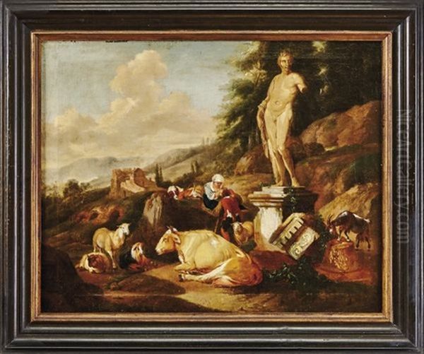 Italienische Landschaft Mit Antiker Skulptur Und Weidenden Tieren Oil Painting by Johann Heinrich Roos