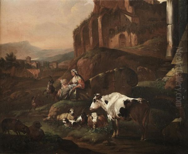 A Shepherdess With A Child Resting In A Rocky Landscape With Her Flock Oil Painting by Johann Heinrich Roos