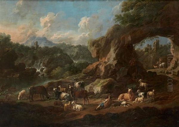 Berger Gardant Son Troupeau Pres D'une Arche De Pierre Au Bord D'une Cascade Oil Painting by Johann Heinrich Roos