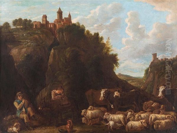 Hirtin Mit Rindern Und Schafherden In Mit Burgen Gekronter Felsenlandschaft Oil Painting by Johann Heinrich Roos