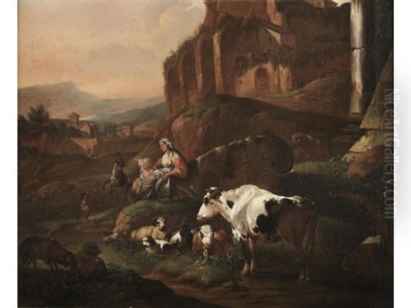 A Shepherdess With A Child Resting In A Rocky Landscape With Her Flock by Johann Heinrich Roos