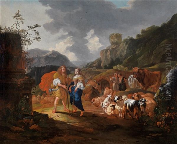 Ein Schaferpaar Mit Seiner Herde In Sudlicher Landschaft Oil Painting by Johann Heinrich Roos