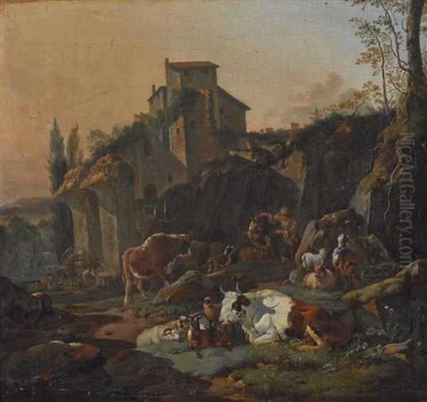 Abendlandschaft Mit Lagernden Rindern, Schafen Und Ziegen. Im Hintergrund Felsen Und Ruinen. Im Mittelgrund Eine Hirte, Der Einen Ziegenbock Bandigt Oil Painting by Johann Heinrich Roos