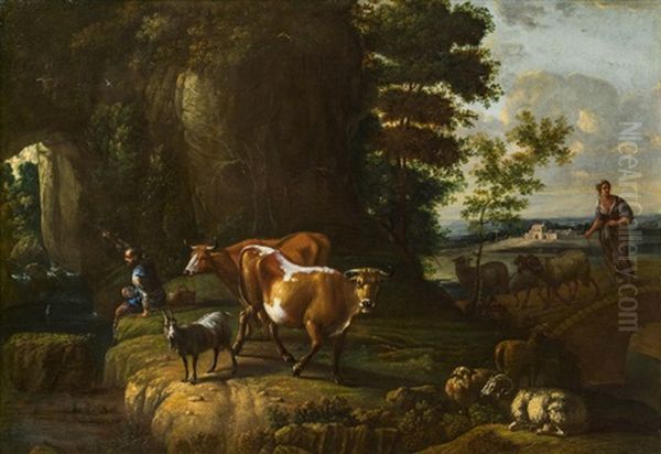 Landschaft Mit Fischer Und Herde Oil Painting by Johann Heinrich Roos