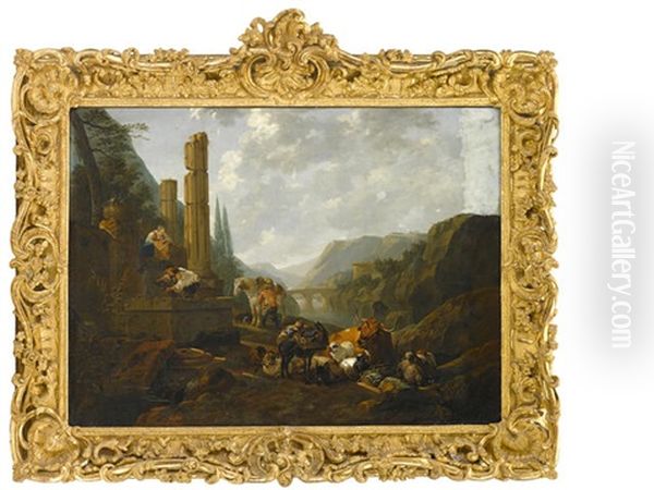 Travellers With Their Livestock Resting Amid Classical Ruins Oil Painting by Johann Heinrich Roos