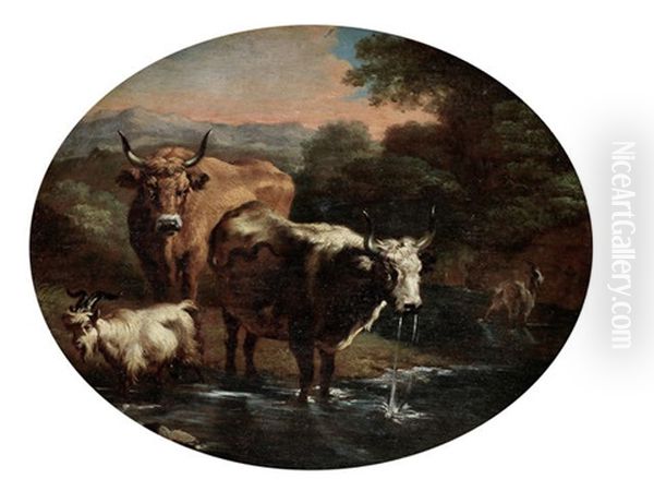 Cattle And Goats Drinking At A Stream Oil Painting by Johann Heinrich Roos