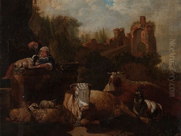 Genre Scene With Animals Oil Painting by Johann Heinrich Roos