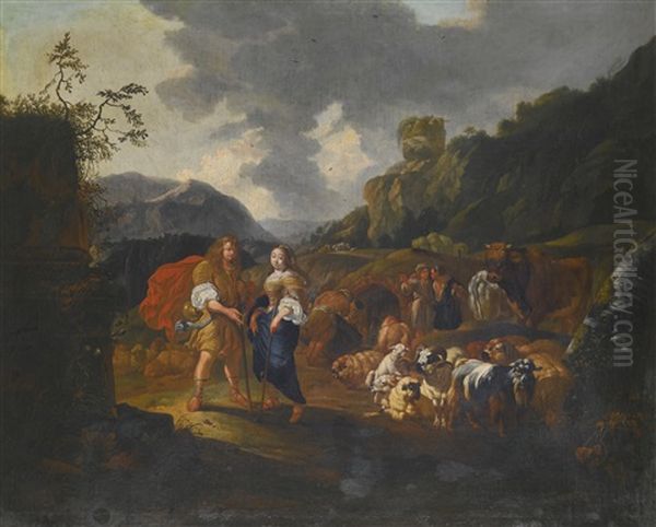 Self Portrait Of The Artist And His Wife In An Arcadian Landscape Oil Painting by Johann Heinrich Roos