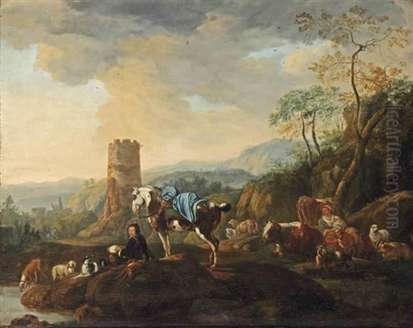 A Rocky Landscape With Shepherds And Their Cattle Resting By A Stream Oil Painting by Johann Heinrich Roos