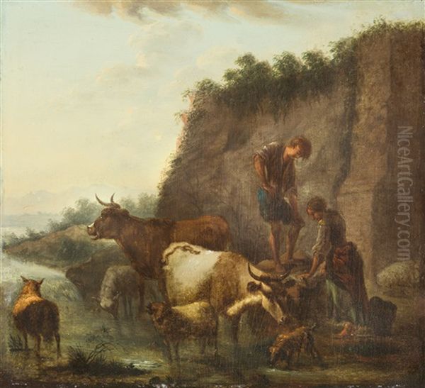 Pendants: Hirten Und Vieh In Hugeliger Landschaft Oil Painting by Johann Heinrich Roos