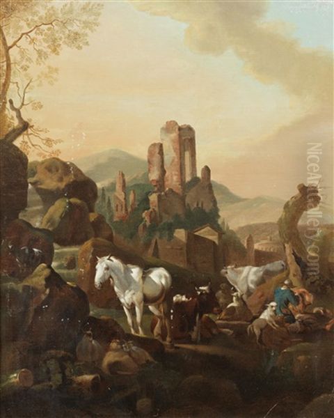 Horses And Cattle Before An Italianate Landscape, With Mountains On The Horizon Oil Painting by Johann Heinrich Roos