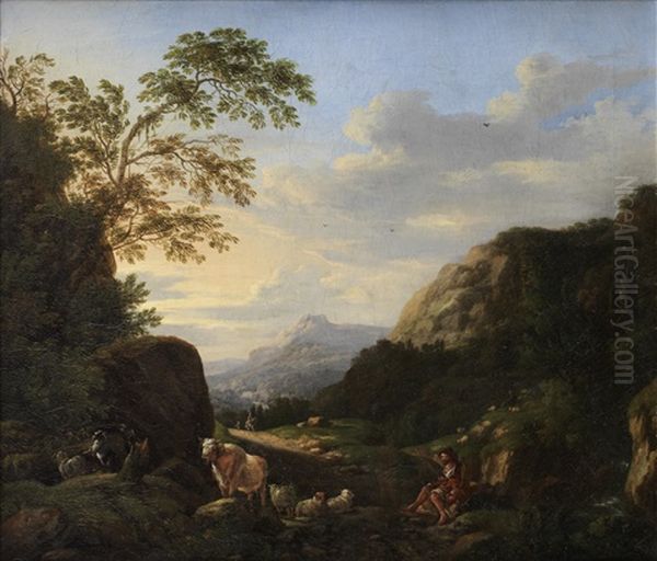 A Mountainous Landscape With A Drover And His Flock Resting Before A Stream Oil Painting by Johann Heinrich Roos