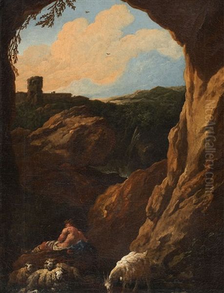 Southern Landscape With Ruins Of A Castle And Shepherds Oil Painting by Johann Heinrich Roos