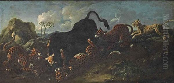 Leopards Attacking A Bull In A Landscape Oil Painting by Johann Heinrich Roos