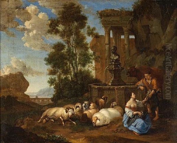 Two Figures At A Fountain With Their Flock Beside Them And Ruins Beyond Oil Painting by Johann Heinrich Roos