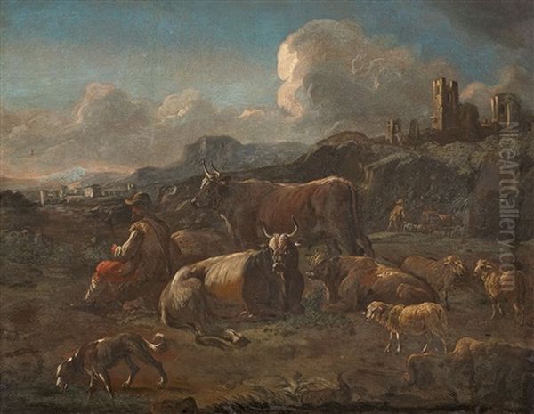 Landschaft Mit Schafen Und Vieh Oil Painting by Johann Heinrich Roos