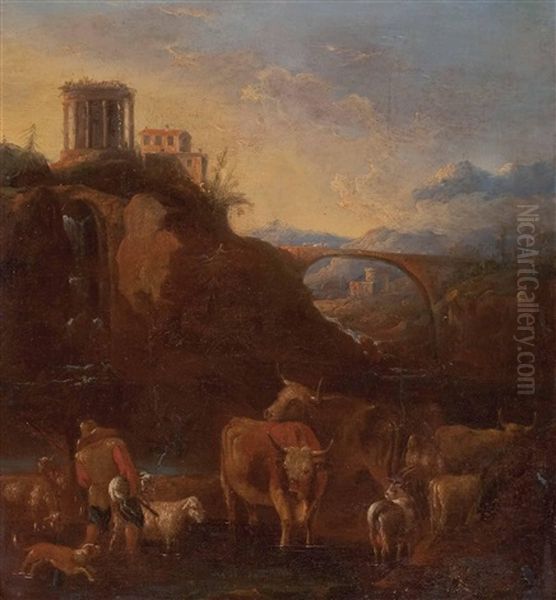 Italienische Landschaft Mit Hirt Und Herde Sowie Dem Sibyllentempel Von Tivoli Oil Painting by Johann Heinrich Roos