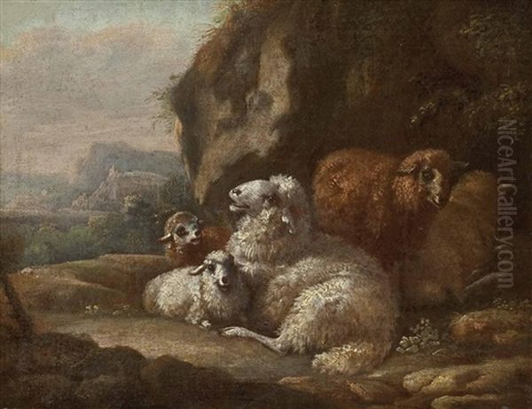 Schafe Unter Felsen Ruhend Oil Painting by Johann Heinrich Roos