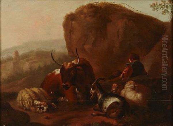 A Rocky Landscape With Herders And Animals Resting In The Foreground (+ Landscape; Pair) Oil Painting by Johann Heinrich Roos