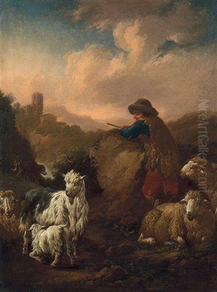 Pastorale Landschaft Mit Schafshirten Und Seinem Vieh Oil Painting by Johann Heinrich Roos