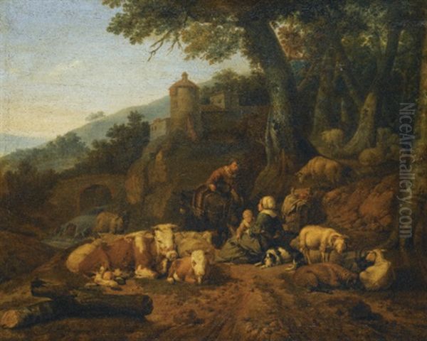 A Landscape With Drovers And Their Flock At Rest Oil Painting by Johann Heinrich Roos