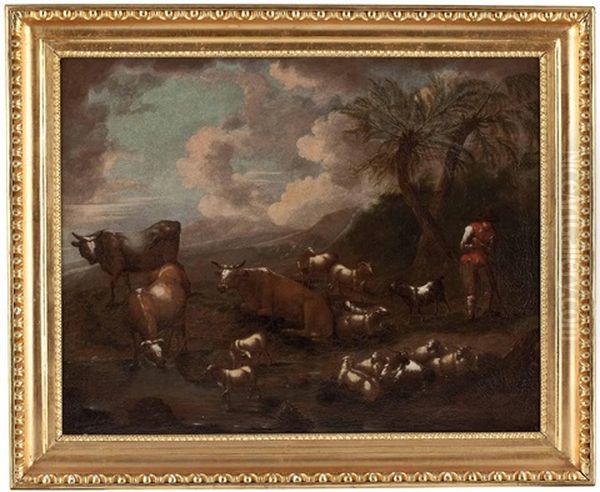 Hirten Mit Rindern, Schafen Und Ziegen In Landschaft Oil Painting by Johann Heinrich Roos