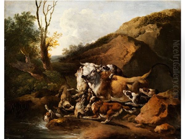 Auerochse Im Kampf Gegen Eine Jagdhundemeute Oil Painting by Johann Heinrich Roos