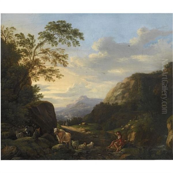 A Rocky Southern Landscape With A Shepherd With His Flock Resting On A Path Oil Painting by Johann Heinrich Roos