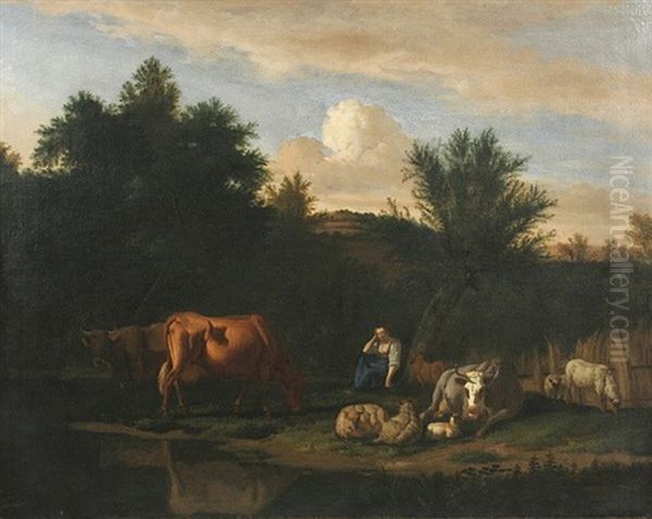 Landschaft Mit Hirtin Und Ihrer Herde Im Abendlicht Oil Painting by Johann Heinrich Roos