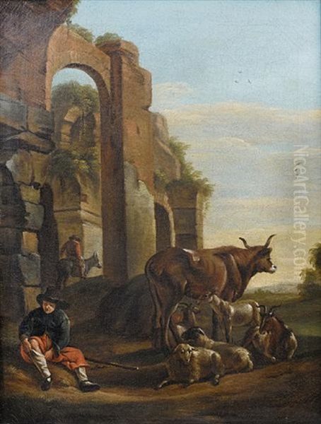 A Huntsman With His Dogs And Horse Resting Before A Fountain (+ A Shepherd With Goats, Sheep And A Bull Before Ruins; Pair) Oil Painting by Johann Heinrich Roos