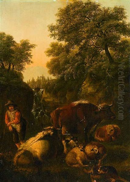 Hirte Mit Rindern Und Schafen Oil Painting by Johann Heinrich Roos