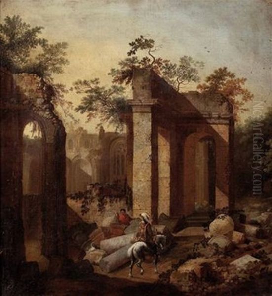 Reiter In Klosterruine Oil Painting by Johann Heinrich Roos