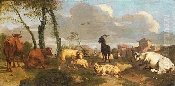 Cattle And Goats In A Landscape Oil Painting by Johann Heinrich Roos