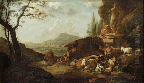 Hutejunge Mit Kuhen Und Ziegen In Arkadischer Landschaft Oil Painting by Johann Heinrich Roos