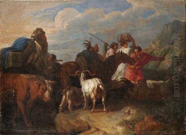 Biblischer(?) Zug Von Wanderern Mit Rindern, Ziegen, Schafen, Einem Pferd Und Einem Kamel Oil Painting by Johann Heinrich Roos