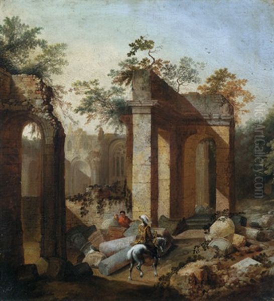 Ein Reiter Und Zwei Rastende Personen Zwischen Ruinen Oil Painting by Johann Heinrich Roos