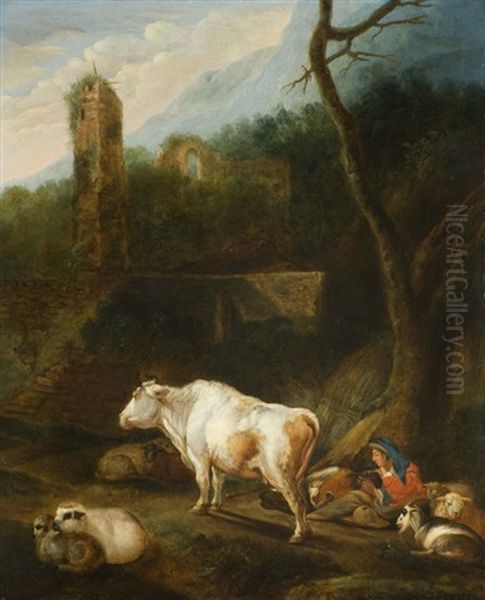 Tiere Und Hirten Bei Der Mittagsrast Oil Painting by Johann Heinrich Roos