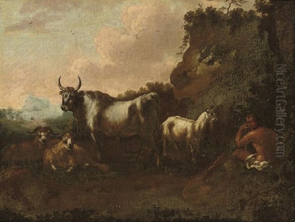 An Italianate Landscape With A Shepherd And His Herd Oil Painting by Johann Heinrich Roos