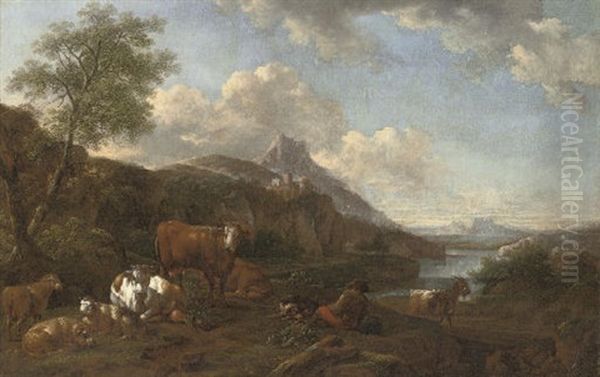 A River Landscape With A Drover At Rest With His Cattle Oil Painting by Johann Heinrich Roos