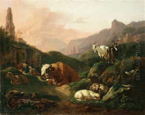 Sudliche Gebirgslandschaft Mit Viehherde Und Schlafendem Hirten Oil Painting by Johann Heinrich Roos