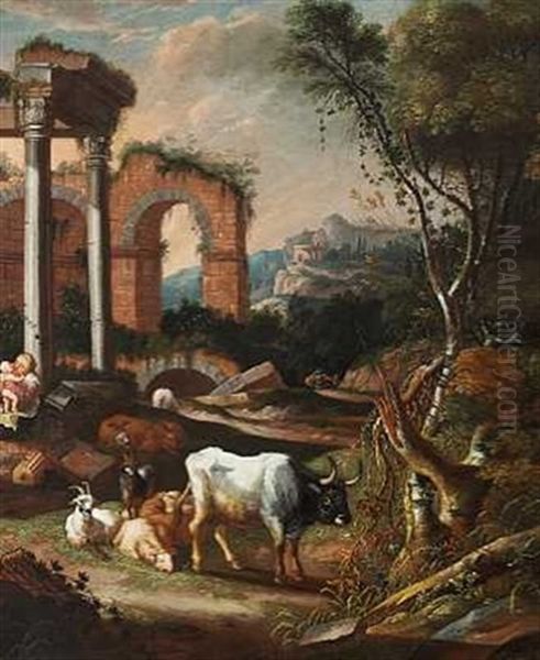 Dyr Og Mennesker Ved En Ruin I Et Vildt Bjerglandskab Oil Painting by Johann Heinrich Roos