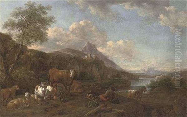 A River Landscape With A Drover At Rest With His Cattle Oil Painting by Johann Heinrich Roos