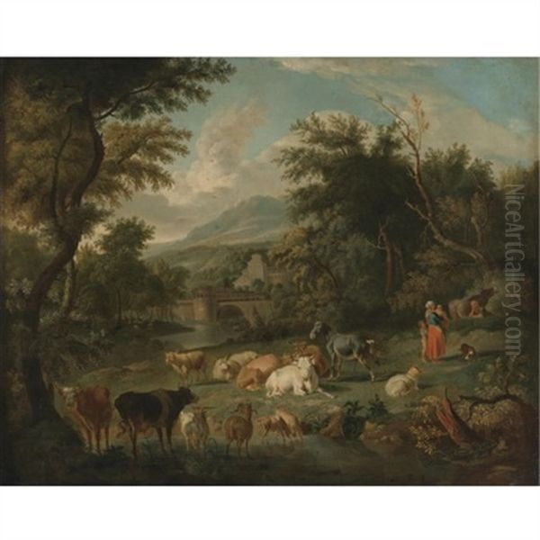 Pastoral Landscape With Watering Cattle And A Town In A Distance Oil Painting by Johann Heinrich Roos