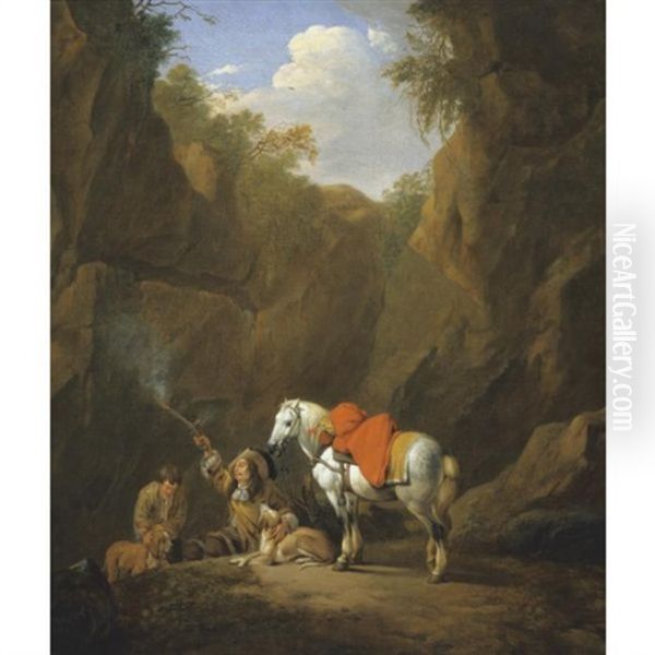 A Huntsman Firing A Pistol In A Rocky Landscape Oil Painting by Johann Heinrich Roos