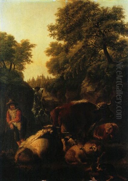 Junger Hirte Mit Rindern Und Schafen In Einer Felsigen Wadschlucht Oil Painting by Johann Heinrich Roos