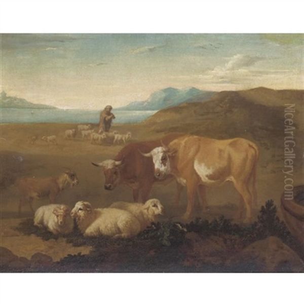 An Italianate Landscape With Cattle And Sheep In The Foreground, A Shepherd And His Flock Beyond Oil Painting by Johann Heinrich Roos